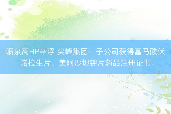 喷泉高HP辛浮 尖峰集团：子公司获得富马酸伏诺拉生片、美阿沙坦钾片药品注册证书